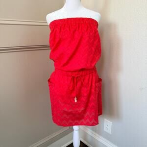 Vineyard Vines Red Strapless Chevron Dress Shell Tassel Drawstring Waist M